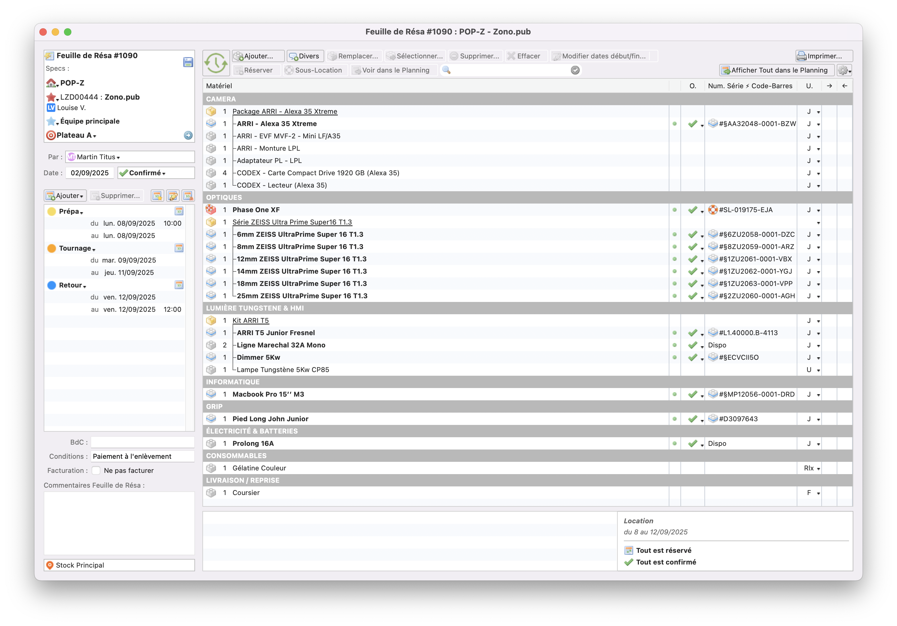 Feuille de réservation de matériel